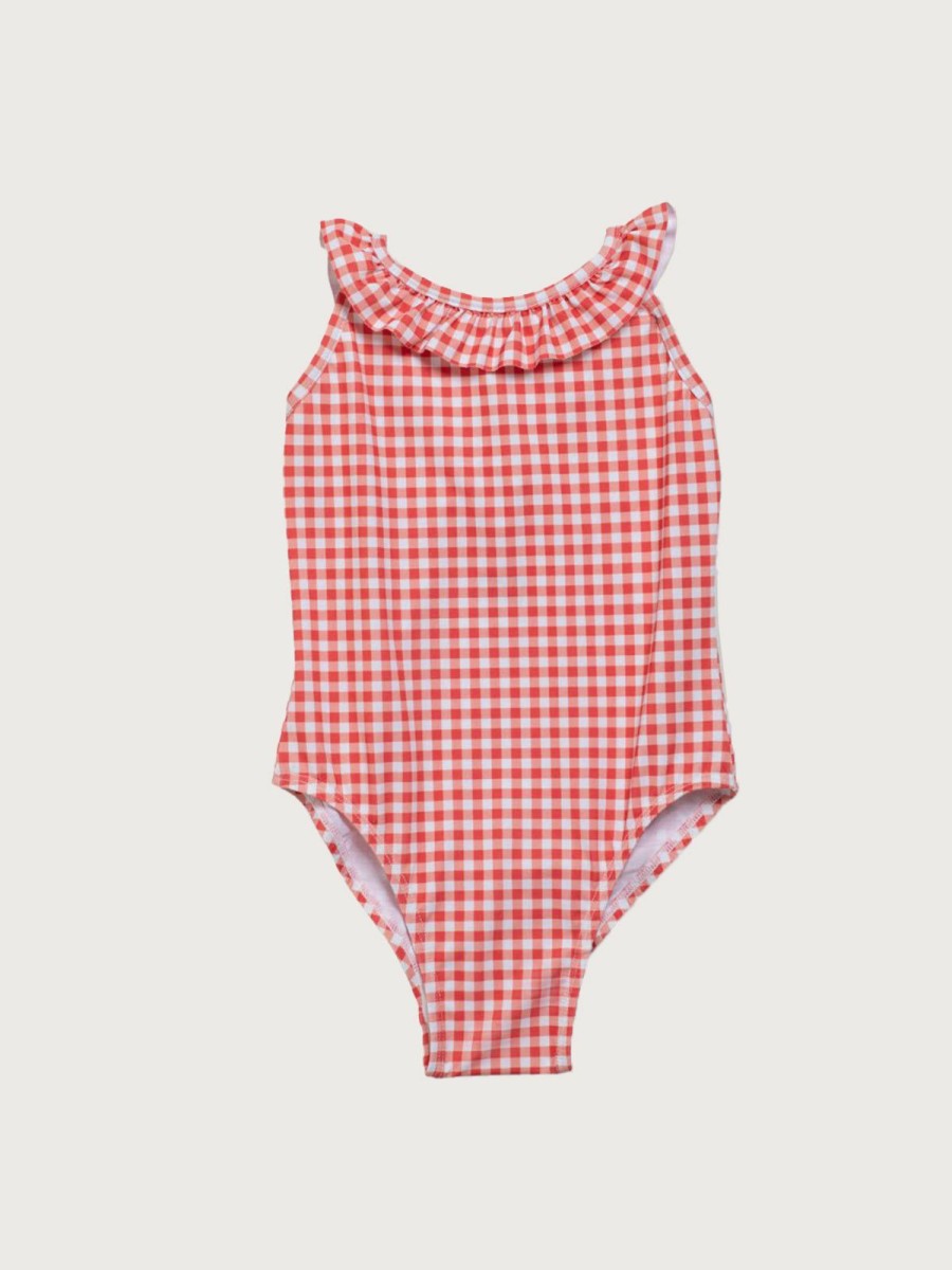 Kids Mon Coeur Swimwear + Surfwear | Gingham Girl Swimsuit Coral Gingham