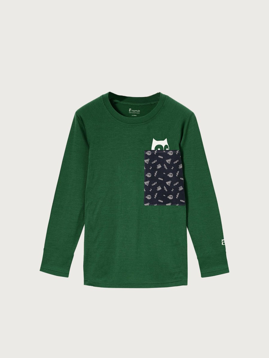 Kids Namuk Tops | Tim Merino Pocket Longlseeve Mountain Green-True Navy